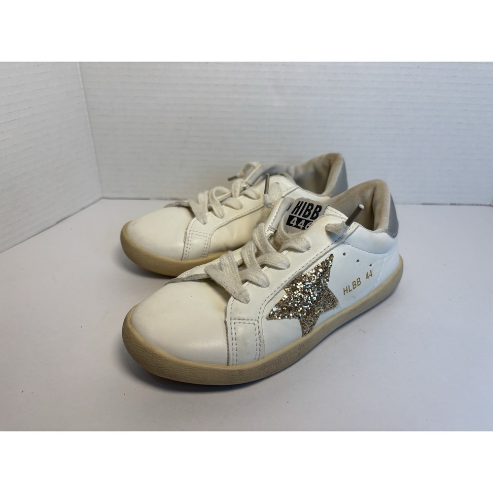 White Leather Superstar Sneakers Gold Glitter Star Silver Heel Youth 3.5